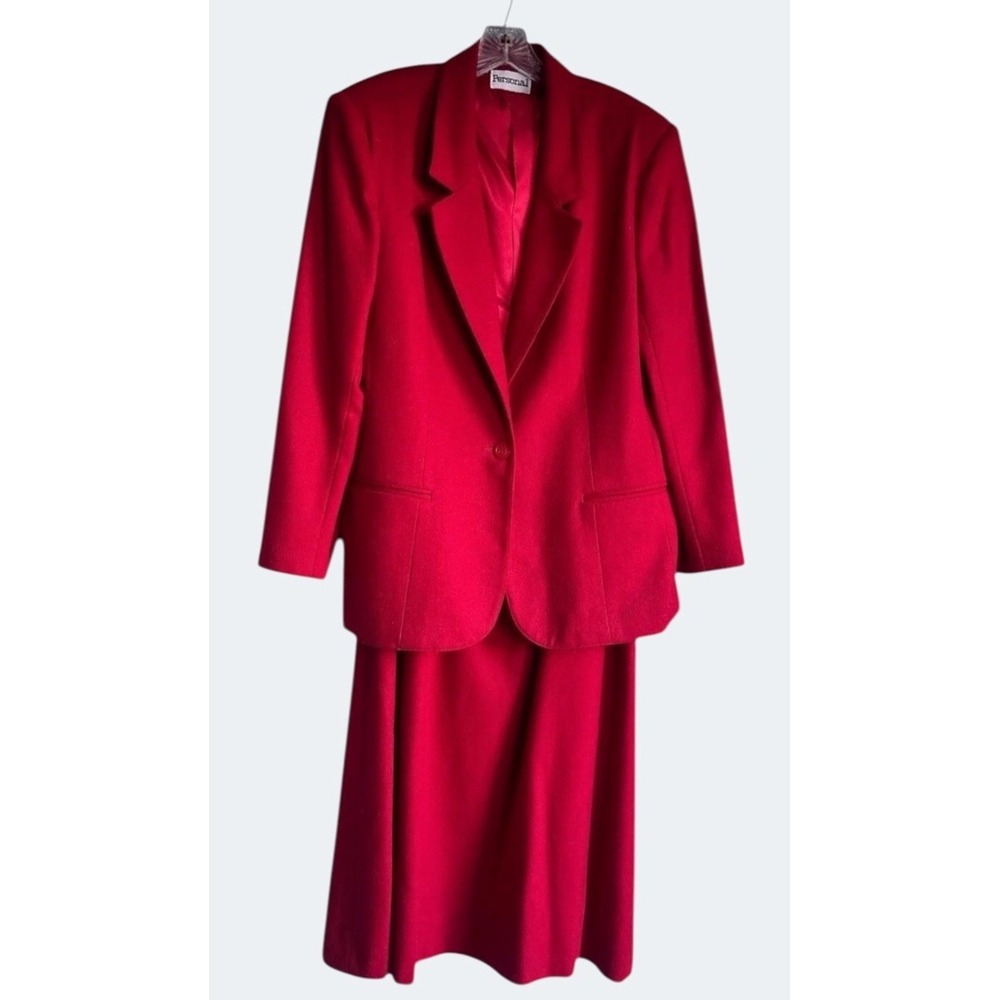 Vintage Red 100% Wool Power Suit Women Size 14 Blazer Skirt Set Office Core 80s